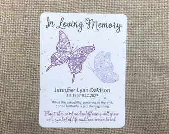 12 Paisley Butterfly Memorial Personalized Plantable Full Seed Paper Favor Cards  - Funeral, Wake, Viewing Invitations - Choice of Color