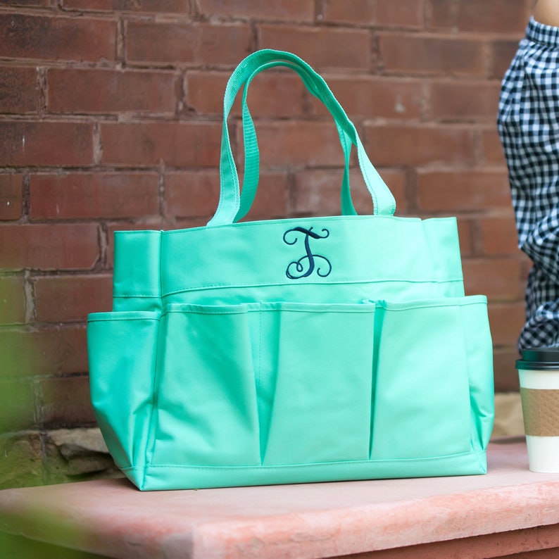 Teacher Lesson Plan Bag- Embroidered with Monogram Mint Carry All Tote Utility Bag Tool Storage Craft Supplies Organizer