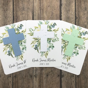 Plantable Seed Paper Cross Watercolor Blue Flowers Baptism Favors (Set of 12) - First Communion, Baby Dedication Cards - Eco-Friendly