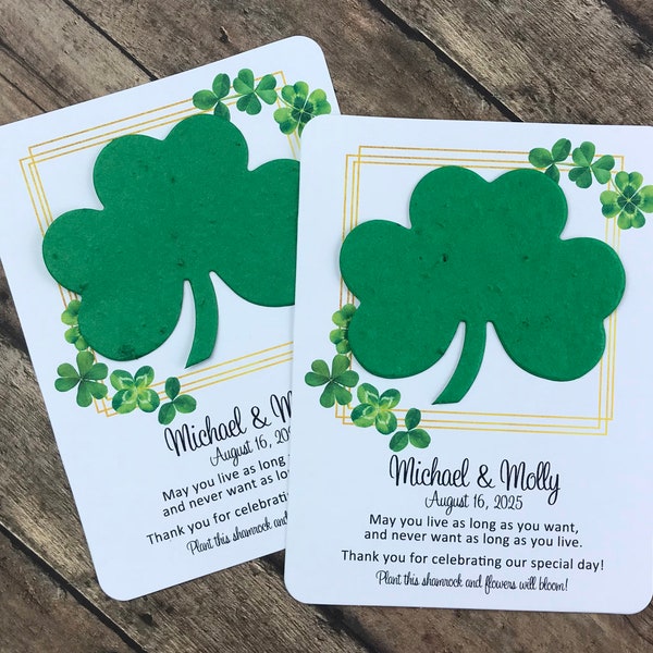 Seed Paper Shamrock Personalized Plantable Favors (Set of 12) - Seeded Recycle Paper, Celtic, Clover Design - Wedding Favors, Bridal Shower