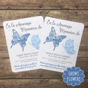 12 Paisley  Butterfly Spanish Memorial Personalized Plantable Full Seed Paper Favor Cards  - Funeral, Wake, Viewing - Choice of Color