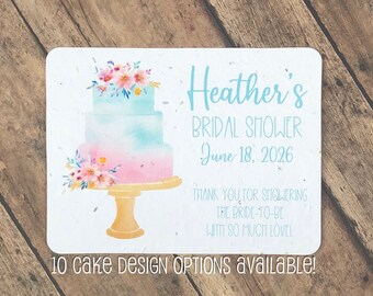 Watercolor Cake Design Personalized Bridal Shower Favors (Set of 12) - Plantable Full Seed Paper Favor Cards - Wedding Cake 10 Options
