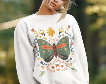 Sudadera monosex estilo boho polilla, sudadera hygge de arte popular mariposa, sudadera estética academia cottagecore oscura, suéter boho