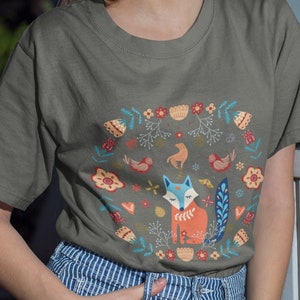 Nordic folk art Unisex t-shirt, Scandinavian folk shirt, Cottagecore shirt, Hygge botanical shirt, Folk art animal graphic, Boho chic shirt