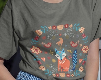 Nordisches Volkskunst Unisex T-Shirt, Skandinavisches Folk Shirt, Cottagecore Shirt, Hygge Botanisches Shirt, Folk Art Tier Grafik, Boho Chic Shirt