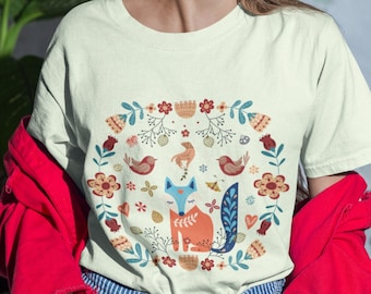 Nordisches Folk Art Unisex T-Shirt, Cottagecore Hygge Botanisches Shirt, Skandinavisches Folk Art Shirt, Niedliches Fuchs Shirt, Boho Style Shirt