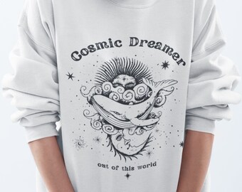 Cosmic dreamer Unisex Sweatshirt, Sweatshirt céleste, baleine d'art abstrait dans les nuages sweatshirt, pull vintage soleil et lune mystique