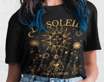 Camiseta Unisex Le Soleil, Camisa de sol vintage, Camisa de sol Tarot, Camisa de símbolos celestiales vintage, Camisa de estrellas y luna, Camisa universo Evil eye