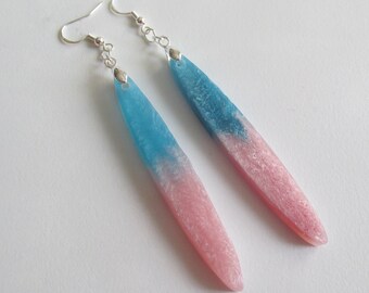 Pink and Turquoise Dangle Earrings, Resin Dangle Earrings, Two Tone Earrings