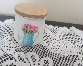 Upcycled glass jar, Hand Painted trinket jar, Lidded jar, Tier Tray Decor