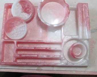 Resin Rolling Tray, Pink and White Tray, 5 piece rolling Tray, Ashtray, Grinder