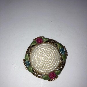 Vintage Faux Seed Pearl Floral Brooch Gold Tone Filigree Enamel Rose Pin Cottagecore Victorian Revival Costume Jewelry
