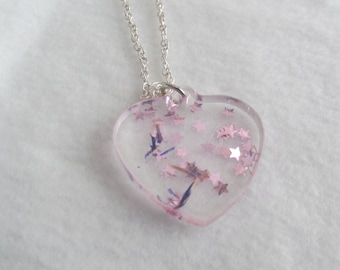 Resin Heart Necklace, Puffed Heart Necklace, Dried Flower Necklace