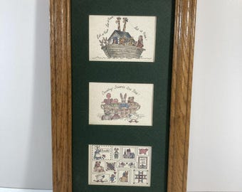 Tres láminas de arte popular estadounidense de estilo vintage. Cuadros enmarcados en madera. 11x6