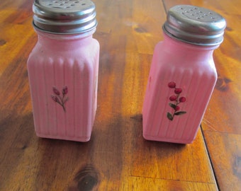 Hand Painted Salt and Pepper Shakers, Upcycled Shakers, Pink Glass Shakers. Cottage Core Decor