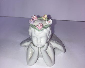 White Ceramic Angel Cherub Figurine Crown Of Flowers
