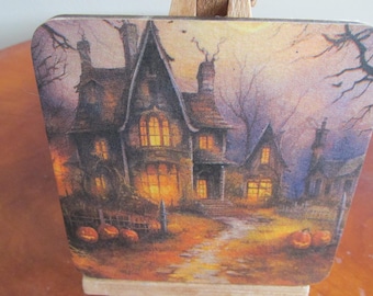Haunted House Wood Sign: Whimsical Halloween Art with Easel