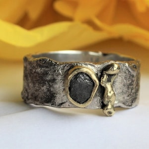 Uncut Natural Diamond Gold and Silver Freeform Rustic Ring