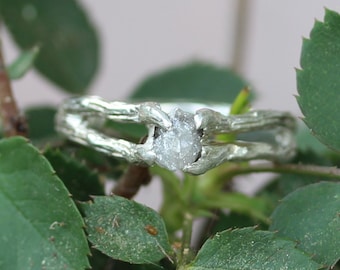 Ring met onbewerkte diamanten takje: handgemaakt sterlingzilver, gemaakt in de VS