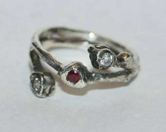 A Ruby CZ Twig Silver  Ring  womans ring Organic Womans Ring Rustic Band   Unique Womans Statement Ring