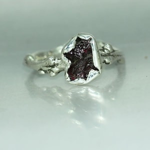 A Womans Silver  Uncut Natural Ruby Twig Bud Organic Rustic Statement Unique Alternative Ring Twig Ring