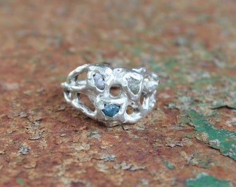 Three Raw Uncut Natural Diamonds in a Twig Ring, Handmade in USA, 925 Sterling Silver, FREE custom sizing & Shipping USA
