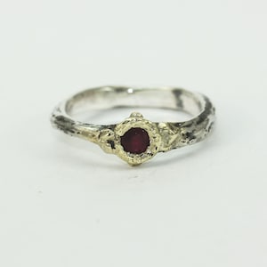 May include: A silver ring with a textured band and a gold setting with a red gemstone.