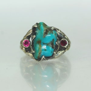A Turquoise Ruby Silver Twig Branch Ring