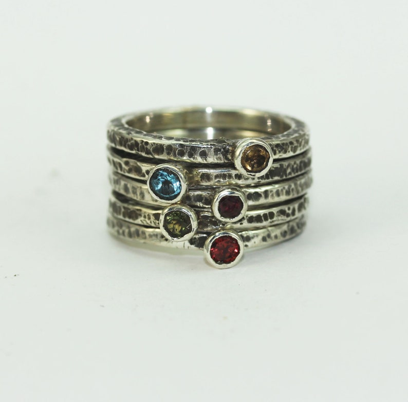 A Birthstone Stacking Mothers Memory Ring Set