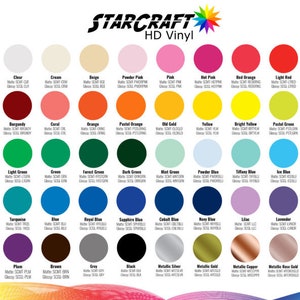 May include: A colour chart displaying 50 different colours, including white, black, red, blue, green, yellow, orange, purple, brown, and grey. The chart is labelled "StarCraft HD Vinyl".