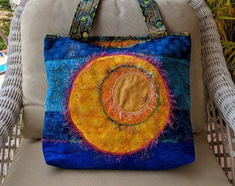 Rachel Sun Bag: Handmade One-of-a-Kind Quilted Painted Embellished Original Wearable Art Tote Bag Boho Chic