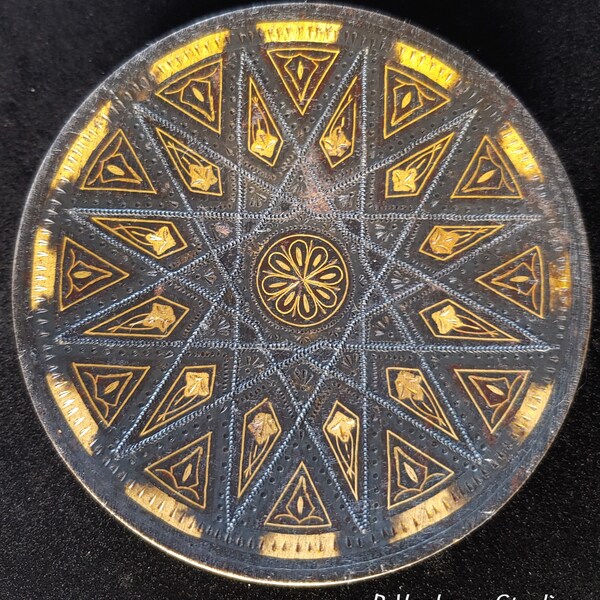 Vintage Damascene Footed Geometric Trinket Dish