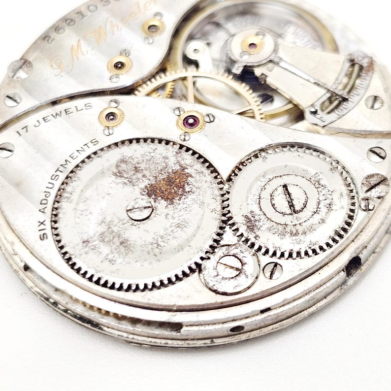 May include: Close-up of a vintage watch movement with intricate gears, screws, and jewels. The silver-toned mechanism features the text "17 Jewels" and "Six Adjustments". The watch components show signs of age and wear.