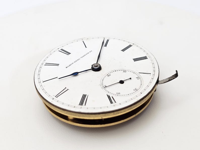 May include: A vintage pocket watch face with a white dial, black Roman numerals, and a small seconds dial. The watch hands are black and blue. The watch casing is gold-toned. The text "E. HOWARD WATCH CO." is visible on the dial.