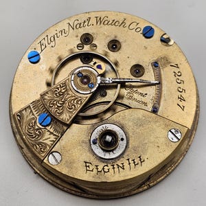 May include: Close-up of an Elgin Nat'l. Watch Co. pocket watch movement. The gold-toned mechanism features intricate details, including engraved patterns, blue screws, and the text "Elgin Nat'l. Watch Co." and "Elgin Ill.". The serial number "125547" is also visible.
