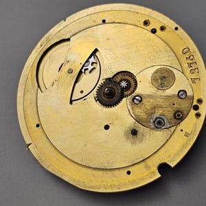 Może przedstawiać: Zbliżenie na złoty mechanizm zegarka z misternymi kołami zębatymi i okrągłą płytką z napisem "7320".