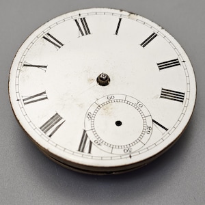 Puede incluir: Una esfera de reloj de bolsillo blanca con marcadores de hora en n&uacute;meros romanos y un c&iacute;rculo conc&eacute;ntrico m&aacute;s peque&ntilde;o con marcas de minutos. La esfera del reloj est&aacute; ligeramente sucia y tiene un peque&ntilde;o punto negro en el centro.