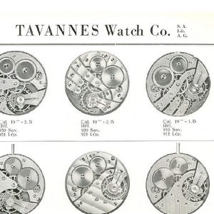May include: An advertisement page from Tavannes Watch Co. featuring detailed illustrations of watch movements. The page is in black and white, showcasing various mechanical components and technical specifications. The text includes model numbers and technical details.