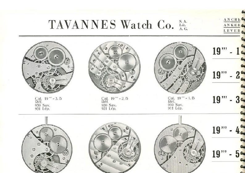 May include: An advertisement page from Tavannes Watch Co. featuring detailed illustrations of watch movements. The page is in black and white, showcasing various mechanical components and technical specifications. The text includes model numbers and technical details.