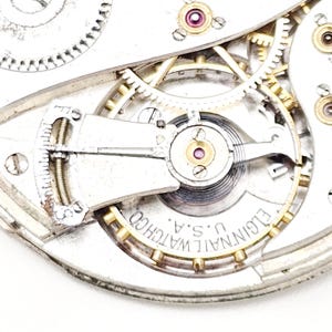 May include: Close-up of an Elgin Watch Co. watch movement. The intricate mechanism features silver-colored gears, a balance wheel, and ruby jewels. The text "ELGIN NATIONAL WATCH CO. U.S.A." is visible on the outer ring.