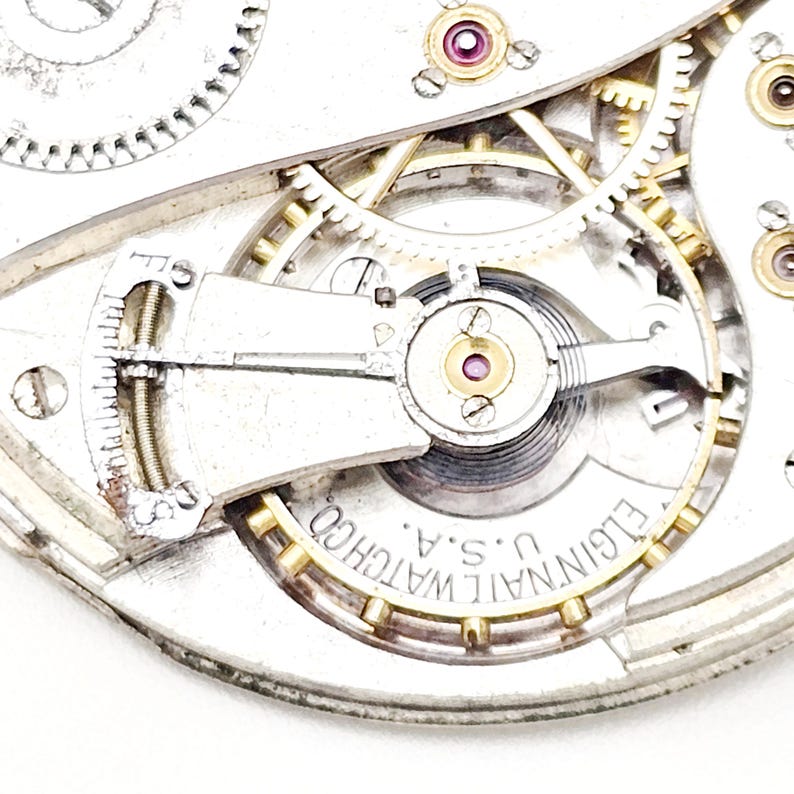 May include: Close-up of an Elgin Watch Co. watch movement. The intricate mechanism features silver-colored gears, a balance wheel, and ruby jewels. The text "ELGIN NATIONAL WATCH CO. U.S.A." is visible on the outer ring.