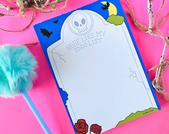 Bloco de notas com lista de tarefas em formato de lápide, artigos de papelaria divertidos para o Halloween.