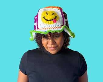 Hand-Crocheted Retro 70s Crochet Bucket Hat, Smiley Face