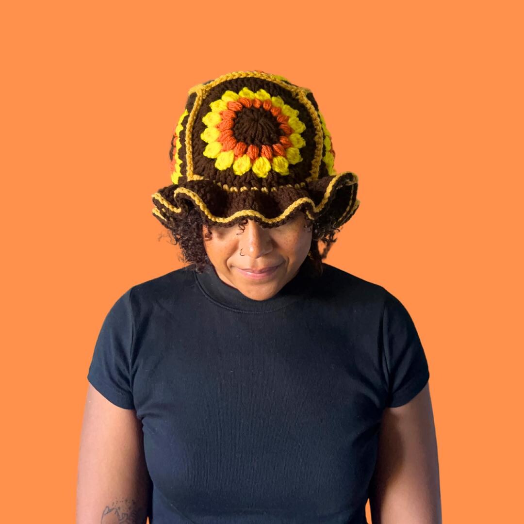 new black sunflower crochet bucket hat applique