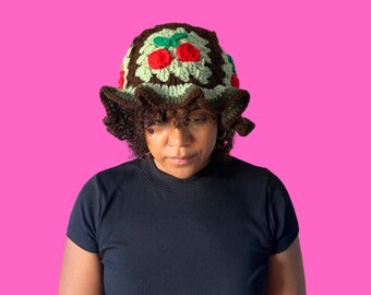 Hand-Crocheted Mint Chocolate Cherry Bucket Hat, Crochet Accessory