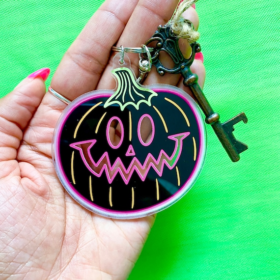 Neon Pumpkin Acrylic Keychain, Halloween Keychain, Pumpkin
