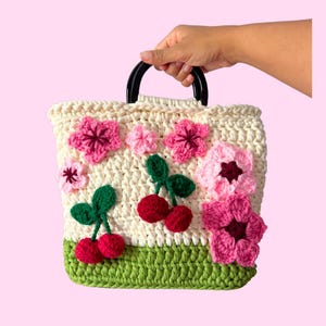 Cherry Floral Crochet Purse, Hand-Crocheted Purse, Spring Flower Purse, Crocheted Purse, Crocheted Accessory, Sakura Crochet Purse Bag