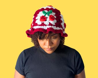Cherry Beaded Crochet Bucket Hat, Hand-Crocheted Summer Accessory