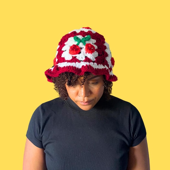 Cherry Beaded Crochet Bucket Hat, Hand-crocheted Summer  display picture 2