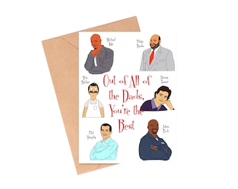Può includere: Un biglietto d'auguri con sfondo bianco e testo rosso che recita "Out of All of the Dads, You're the Best". Il biglietto presenta illustrazioni di cartoni animati di vari papà della televisione, tra cui Phil Dunphy, Bob Belcher, Michael Kelso, Danny Tanner e Peter Griffin.